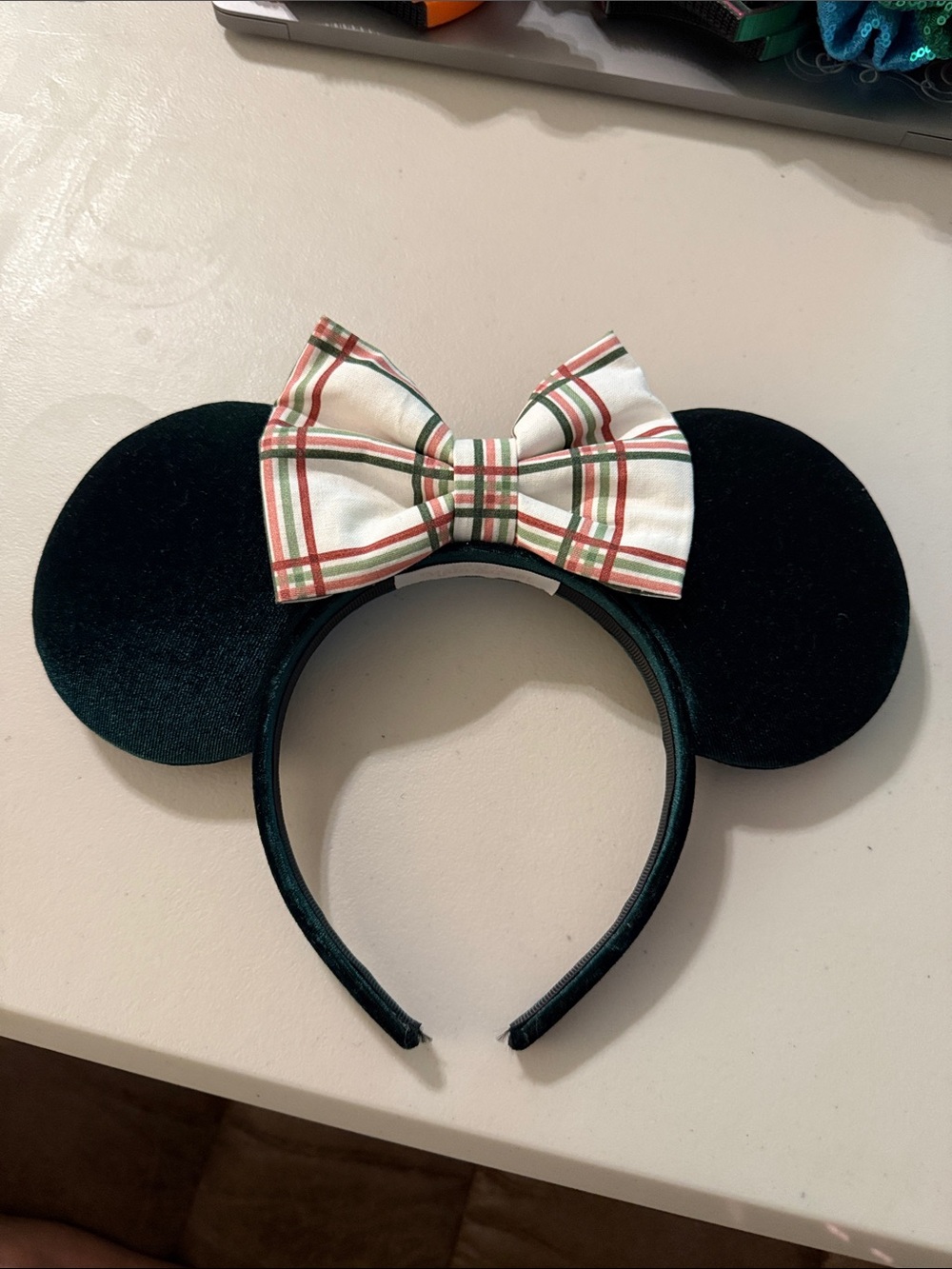 Soarin Over Main Street Hunter Green Velvet Minnie Mouse Ears with Plaid Bow